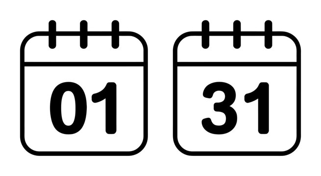 Calendar date icons set showing first and last days as a simple vector word graphic