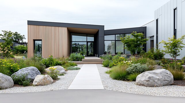 Modern Contemporary Commercial Building Entrance with Landscaping and Pathway in Daylight