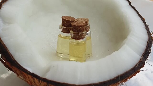 Coconut oil extract inside small glass bottle isolated on white background. Homemade natural and organic coco fruit essential oil concept. Closeup rotation view.