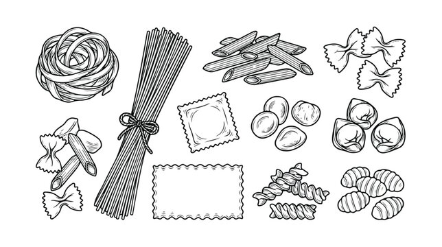 Italian pasta varieties vector illustration set, traditional dry pasta shapes, hand-drawn noodle collection for food packaging and menu design, black and white line art.