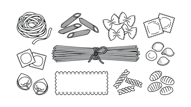 Hand-drawn pasta varieties vector set, traditional Italian cuisine ingredients, various dry pasta shapes for culinary design, monochrome food illustration pack