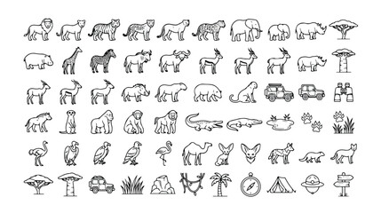 Safari animals vector icon set, hand-drawn wildlife and nature elements, African savanna fauna and adventure travel symbols, black and white outline illustrations for branding and web design. © Kuch_Bhi