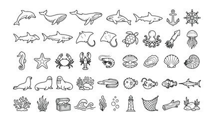 Ocean life vector icon set, 50 hand-drawn sea creatures and marine elements, black and white line art collection for aquatic themes, underwater exploration, and nature designs © Kuch_Bhi