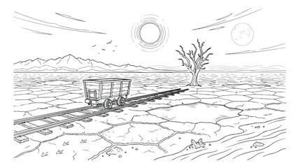 Desert landscape line art vector, arid cracked earth with a lone mining cart on railway tracks, minimalist black and white illustration for environmental themes and resource extraction. © Kuch_Bhi