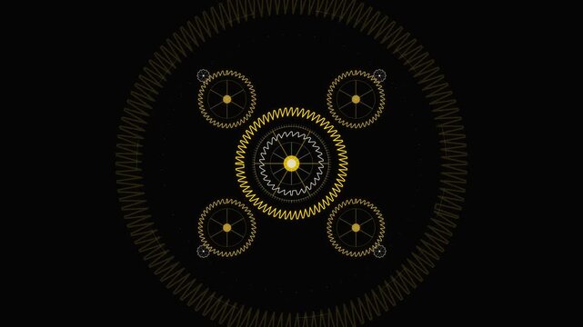 Abstract geometric clockwork mechanism with rotating golden gears motion