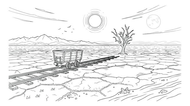 Desert landscape line art vector, arid cracked earth with a lone mining cart on railway tracks, minimalist black and white illustration for environmental themes and resource extraction.