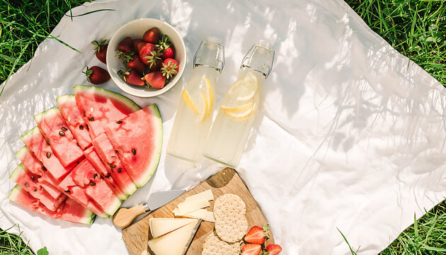 Summer Picnic Spread with Fresh Fruits and Drinks on Linen Blanket