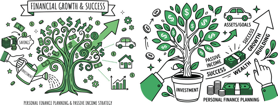 Green money tree growing with coins and dollar bills during financial growth and success concept with arrow chart