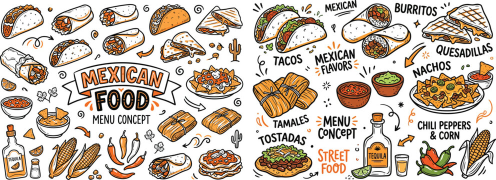 Hand drawn Mexican food menu concept with various dishes and ingredients in flat design style