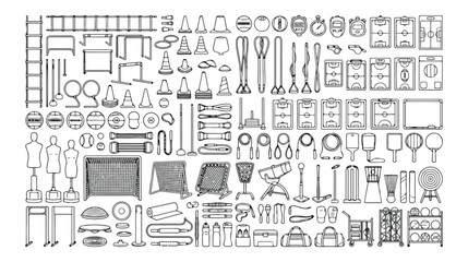 Obraz premium Sports equipment vector line art collection, athletic gear and training accessories, fitness and game items, gym and field essentials for active lifestyle designs.