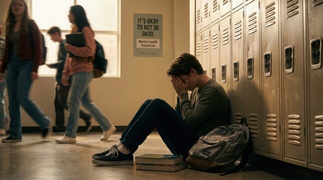 Male student sitting on the floor against school lockers, covering face with hands, surrounded by peers walking in a busy hallway, mental health poster visible on wall