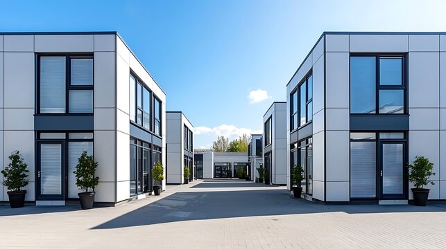 Modern Commercial Office Complex with White Facade and Large Windows in a Business Park Setting