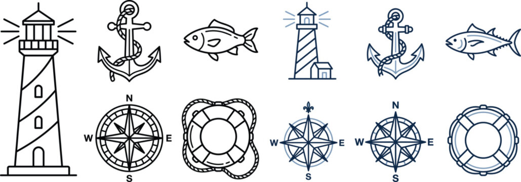 Nautical icons in a line with lighthouses anchors compasses fish and life preservers against a white background