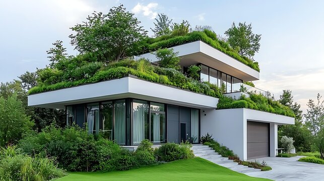 Modern Multi-Level House with Lush Greenery and Large Glass Windows Surrounded by Trees and Lawn