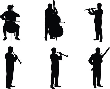 Classical orchestra musicians silhouette set featuring cello double bass flute oboe clarinet and bassoon players