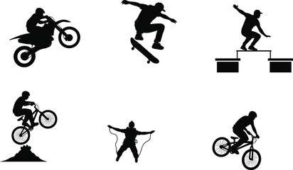 Naklejka premium Extreme sports silhouettes set featuring motocross skateboarder bmx riders parkour athlete and wingsuit flyer on white background