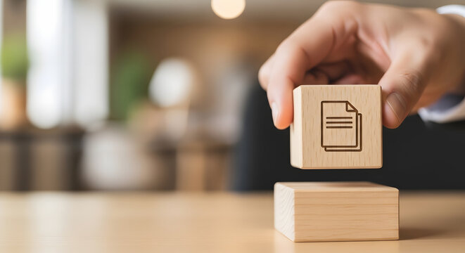 Hand placing wooden cube with document icon on block stack