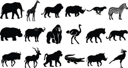 WebAfrican wildlife animal silhouettes and vector icons set isolated on a white background © Rubina
