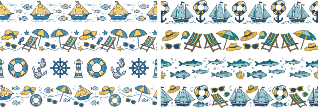 Summer vacation beach elements with boats umbrellas and chairs in a playful pattern