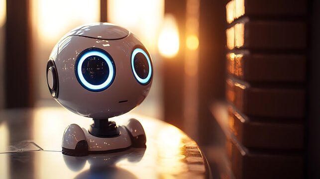 A small white spherical robot with glowing blue eyes sits on a reflective surface