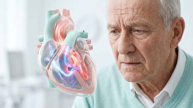 Senior man observing a 3D anatomical heart model showing a ventricular septal defect. Illustration of abnormal blood mixing between cardiac chambers. Geriatric cardiology and heart disease concept