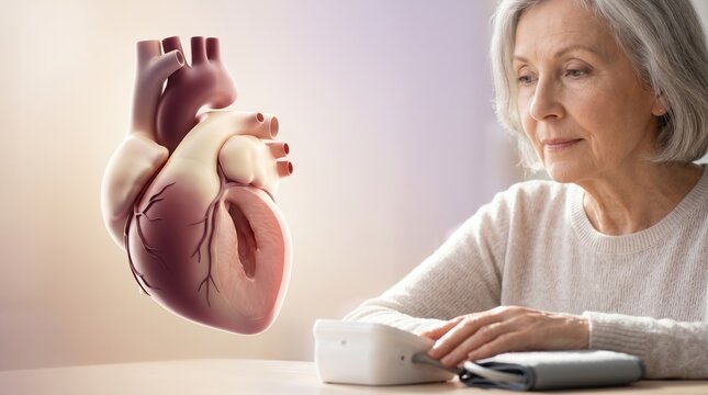 Senior woman with blood pressure monitor and 3D heart illustration showing thickened wall. Elderly female patient and graphic of hypertensive heart disease. Cardiovascular health concept