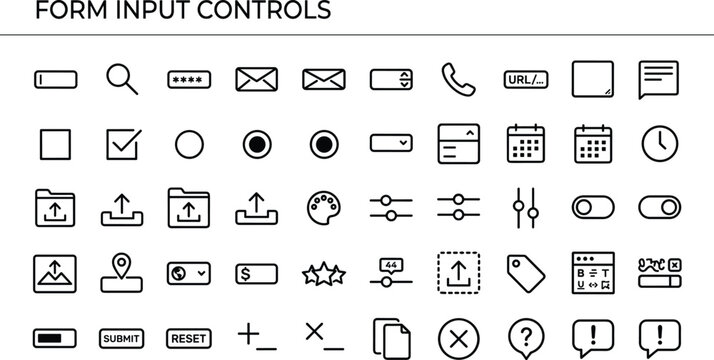 Form input controls outline icon set with text fields checkboxes sliders buttons validation and user interface elements vector collection
