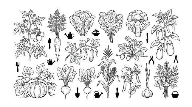 Organic garden vegetables, a monochrome vector collection of fresh farm produce. Hand-drawn botanical illustrations of healthy food plants, perfect for agriculture and healthy eating designs.