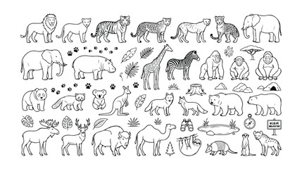 Fototapeta premium Safari animals vector collection, hand-drawn wildlife illustrations, zoo animal line art, nature and jungle creatures, black and white animal icons for educational designs