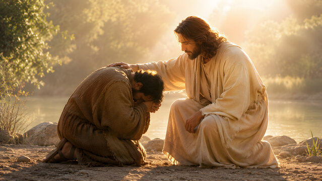 Jesus christ comforting a kneeling man by a river at sunset
