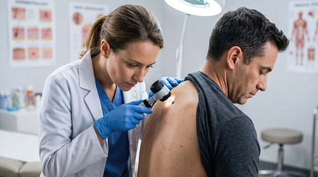 Female doctor examines male patient's back for skin cancer.