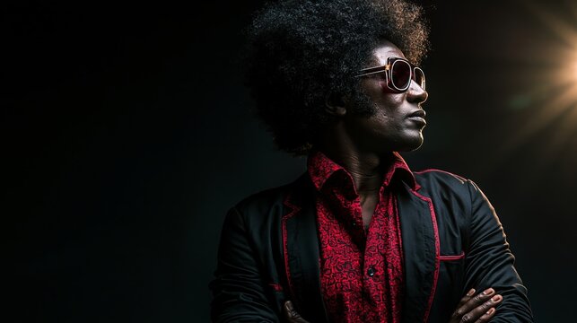 Confident man with afro hairstyle wearing a vintage red patterned shirt and black jacket. Dramatic lighting accenting his retro style