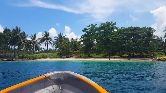 Taxi boat Buka Passage crossing to tropical secluded white sand beach in Autonomous Region of Bougainville, Papua New Guinea