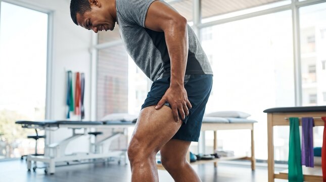 Young man suffering from severe thigh muscle pain in a physical therapy clinic
