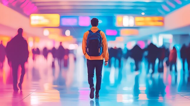 A person with a backpack walks through a bright busy blurred indoor terminal