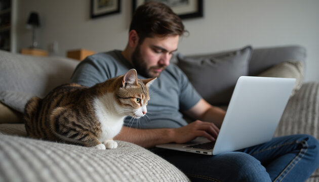 Young man working on a laptop from home on a couch with his cute tabby cat sitting nearby.