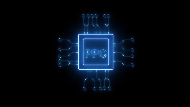 Ppc hacker holding a glowing blue chip symbolizing artificial intelligence in cybercrime, darkweb, and digital technology threat for cybersecurity and malware protection on black background.