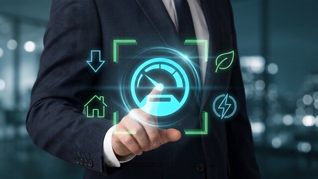 Businessman touching glowing holographic energy efficiency gauge interface with house leaf lightning and arrow icons showing power consumption reduction home savings and sustainable green energy conce