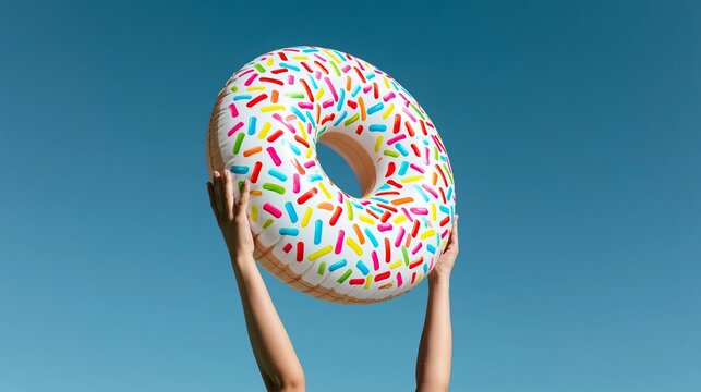 Holding inflatable donut pool float against bright blue sky, colorful sprinkles pattern symbolizing summer fun and vacation