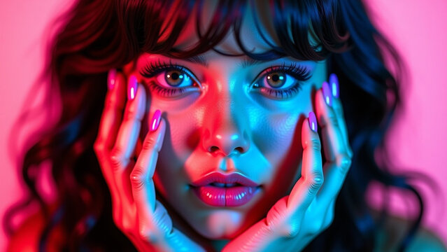 Her cheek and her iteration right hand holding a small cluster of three vibrant purple