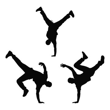Silhouettes of people doing breakdancing moves isolated on white background icon