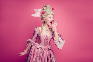 Fototapeta premium Photo of excited lady countess hands shouting empty space wearing antique style dress isolated pink color background