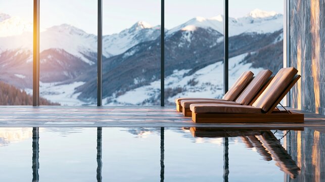 Luxurious alpine spa with lounge chairs by a reflective pool, offering stunning snowy mountain views
