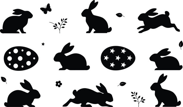 Black and white bunny rabbit icon set with easter elements