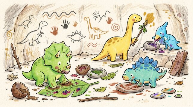 Playful dinosaurs make cave art with leaves and natural colors