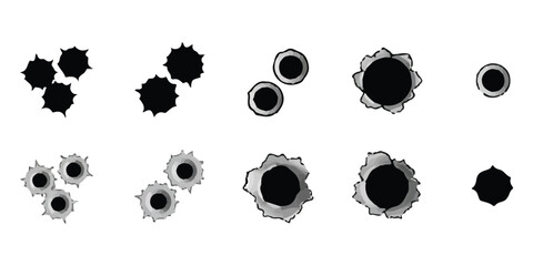 Set of various black and grey bullet hole icons and gun shot marks ©  Designer