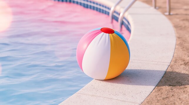 Colorful beach ball floating near swimming pool with pink water, capturing summer fun and a dreamy retro vibe