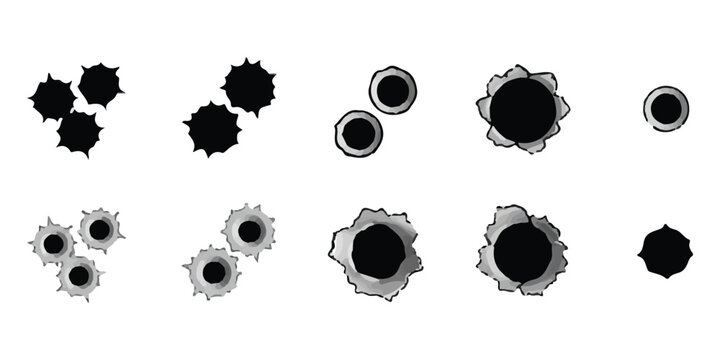 Set of various black and grey bullet hole icons and gun shot marks