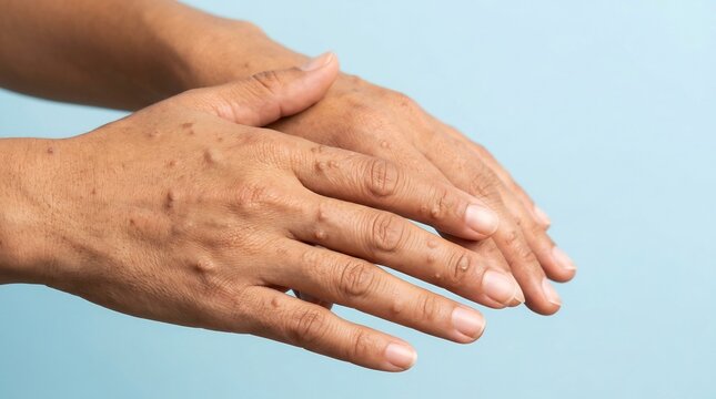 Close-up of adult hands with skin bumps and nodules on a light blue background for dermatology concept