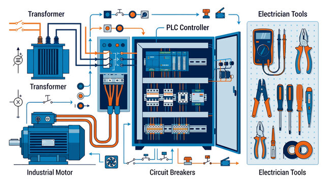 Electrician tools and circuit equipment.